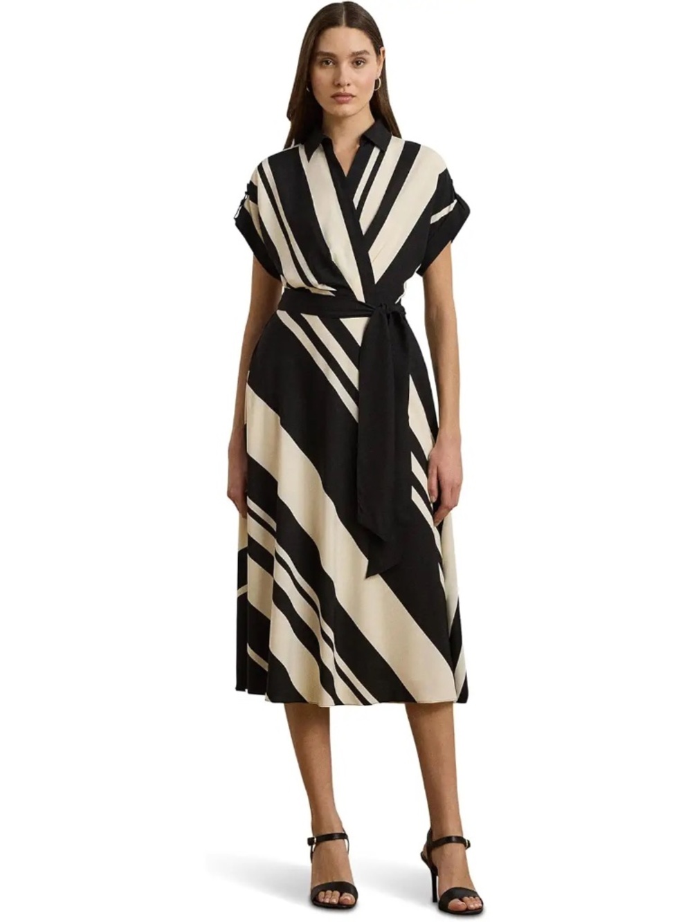 Lauren Ralph Lauren Striped Belted Crepe Dress Women Size 12 Cream/Black NEW!!